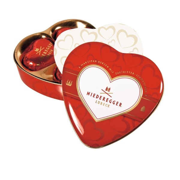 Marzipan Herzen in Geschenkdose, Marzipan-Pralinen mit Zartbitter-Schokolade, 75 g, Niederegger