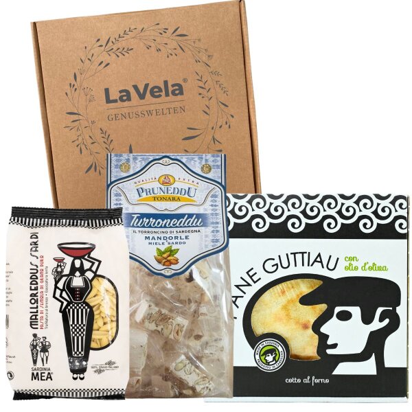 La Vela Genusswelten Bella Sardegna Geschenkset, Köstlichkeiten aus Sardinien, Pane Guttiau – Torroncini – Malloreddus, perfekt für Sardinien-Liebhaber
