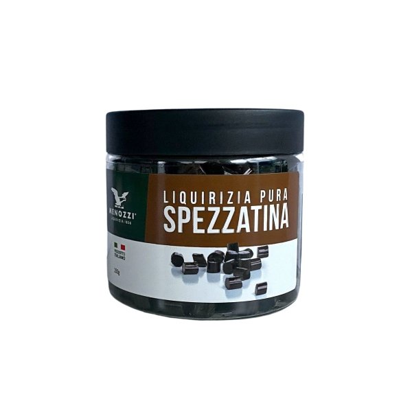 Spezzatina, Schwarze Stücke aus reinem Italienischen Lakritz, 150 g Dose, Menozzi de Rosa 1836
