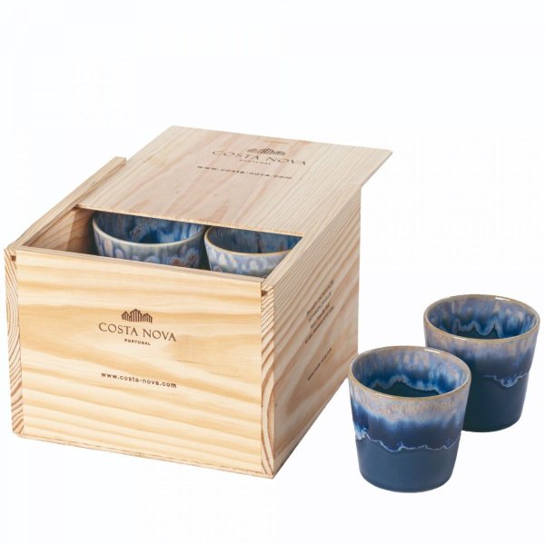 Costa Nova Lungo Becher Grespresso, Blau Denim, 8 Stück in Holz-Geschenkbox, 210 ml, 8 x 7,5 cm