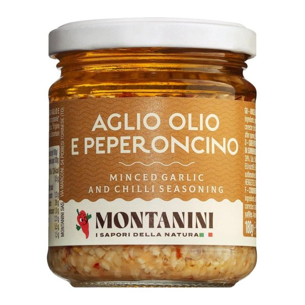 Aglio, Olio e Peperoncino, Gehackter Knoblauch mit Öl und Chili, 180 g, Montanini