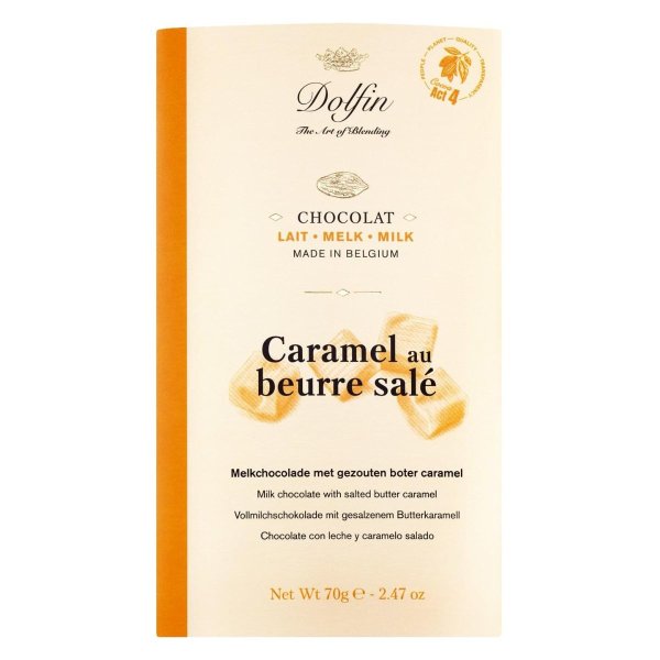 Chocolat Lait Caramel au Beurre Salé, Vollmilchschokolade mit Karamell und gesalzene Butter, 70 g, Dolfin, Belgien