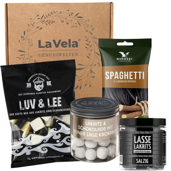 La Vela Genusswelten Lakritz Geschenkset "4 Spezialitäten", 4 Sorten Süßes und Salziges Lakritz, 605 g