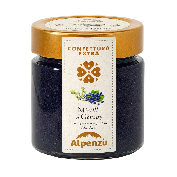 Confetture extra di Mirtillo al Genepy, Heidelbeer-Konfitüre mit Genepy, 270g, Alpenzu