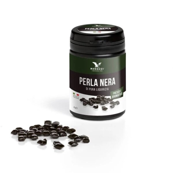 Perla Nera, Schwarze Perlen aus reinem Italienischen Lakritz, 45 g Dose, Menozzi de Rosa 1836