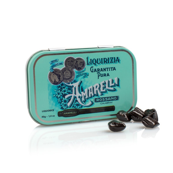 Amarelli Medaglie, St&uuml;cke von reinem Lakritz, nostalgische Dose, 40 g, Amarelli Italien